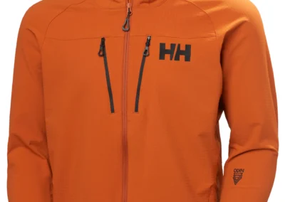 High-end background removal and clipping path for an orange technical jacket, preserving details.