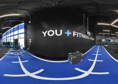 Professional 360 panorama of a commercial gym, featuring high-end lighting and seamless editing.